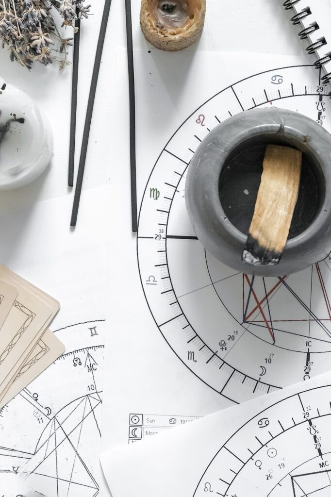 Astrology. Astrologer calculates natal chart and makes a forecast of fate Tarot cards, Fortune telli